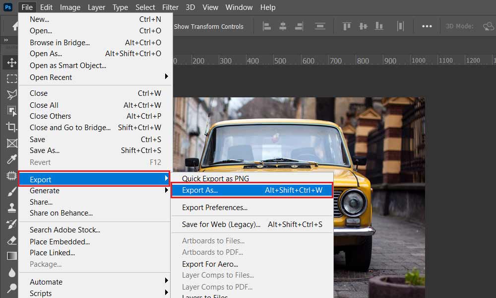 Export option in Photoshop