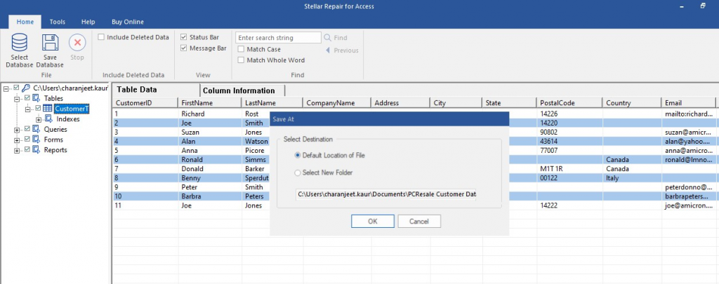 Select Location to Save Repaired DB