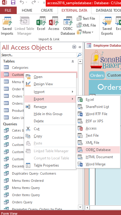 Select Table to Export