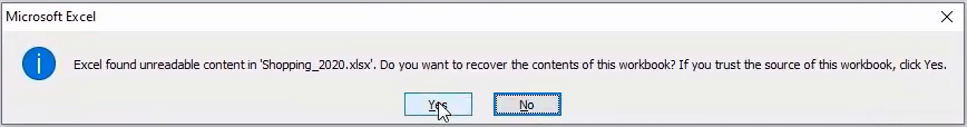 Excel Found Unreadable Content Error Message