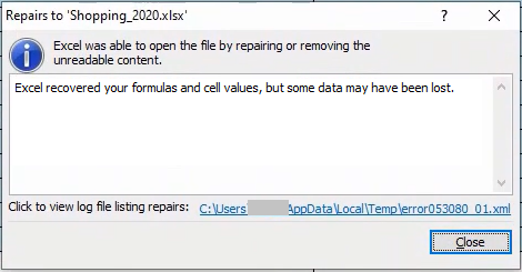 Excel Was Able To Open the File By Repairing Message