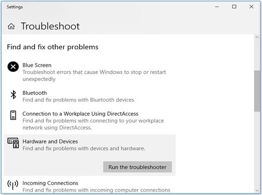 Opción de solucionador de problemas en Configuración