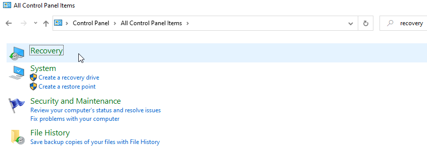 Recovery option in Control Panel