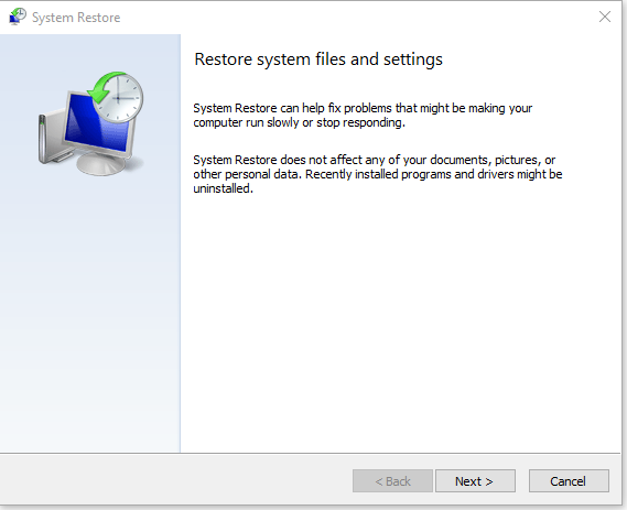 Fenêtre de restauration des fichiers et paramètres du système