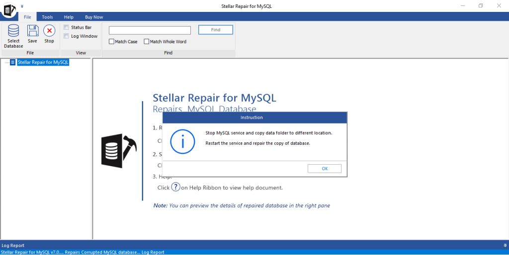 Stellar Repair for MySQL Software Main Interface
