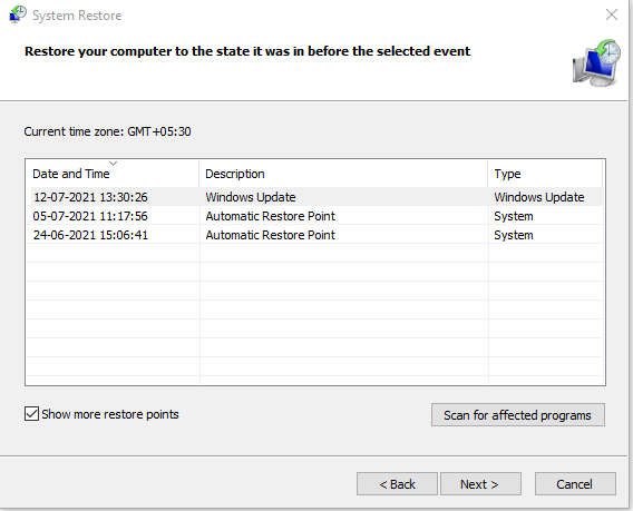 System Restore points list