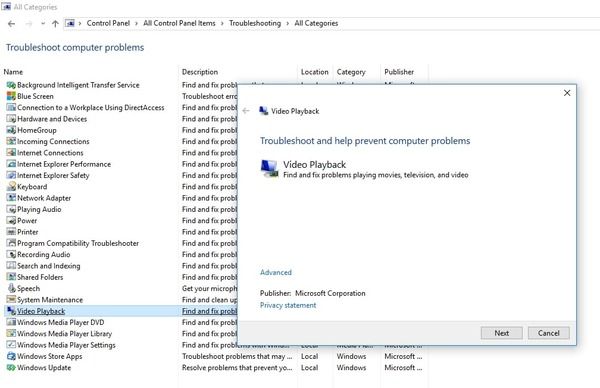 Video Playback option in the troubleshoot computer problems list