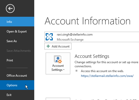 Outlook Account Information
