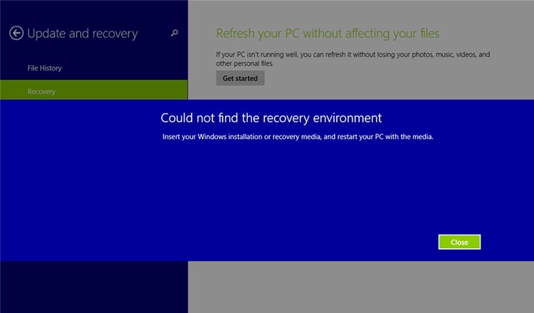 Could not find recovery environment
