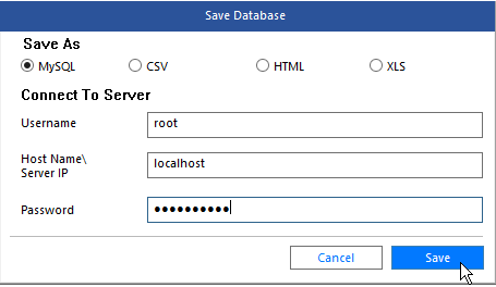 Save Database MySQL file format server details click save.