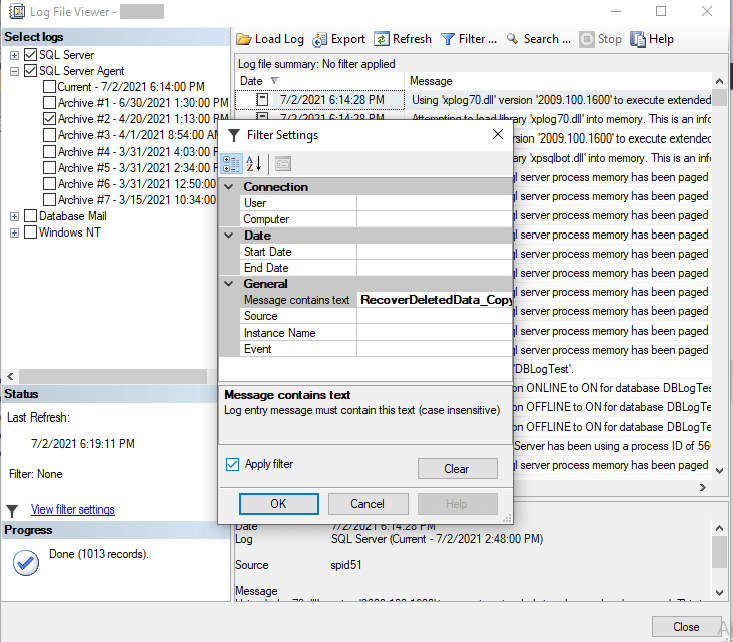 Filter Error Log