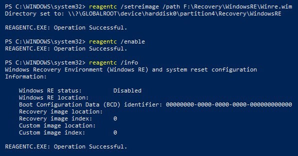 verify WinRE file path by typing reagentc /info command
