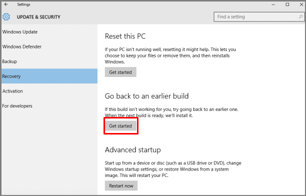 go back to previous build of windows10