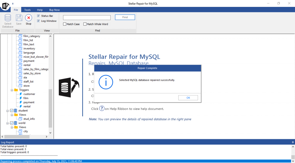 Screenshot of repair process completion confirmation dialog with the 'OK' button highlighted.