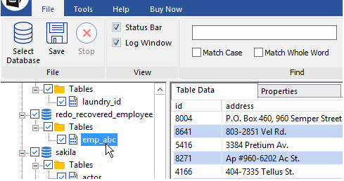 Recoverable tables list with data viewing and selection options.