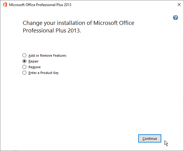 Choose repair option for MS Office