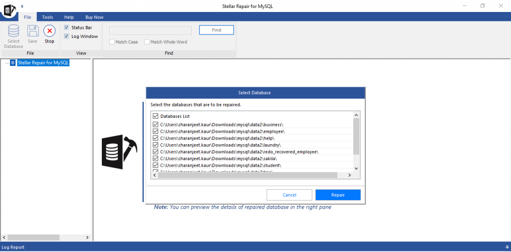 Select database tables for repair and click 'Repair' to initiate the database repair process.