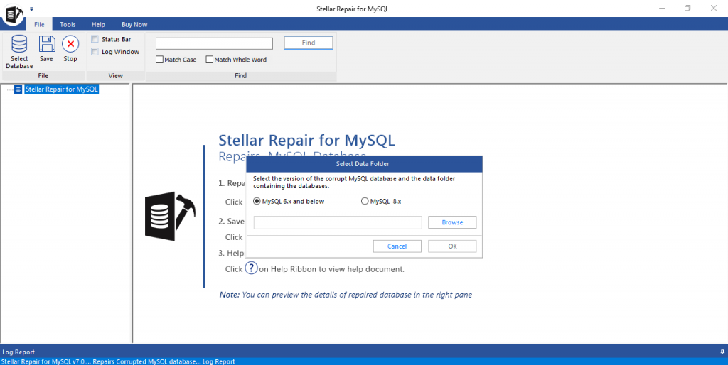 Screenshot of MySQL version selection and data folder containing corrupted tables in database.