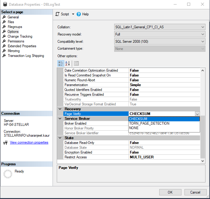 Set Page Verify DB Option to Checksum