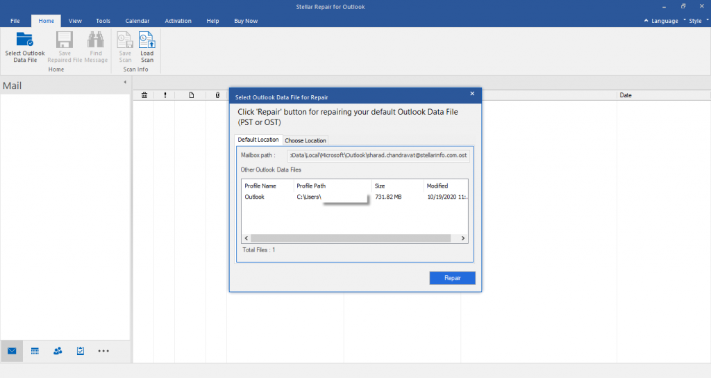 Stellar Repair for Outlook Main Screen