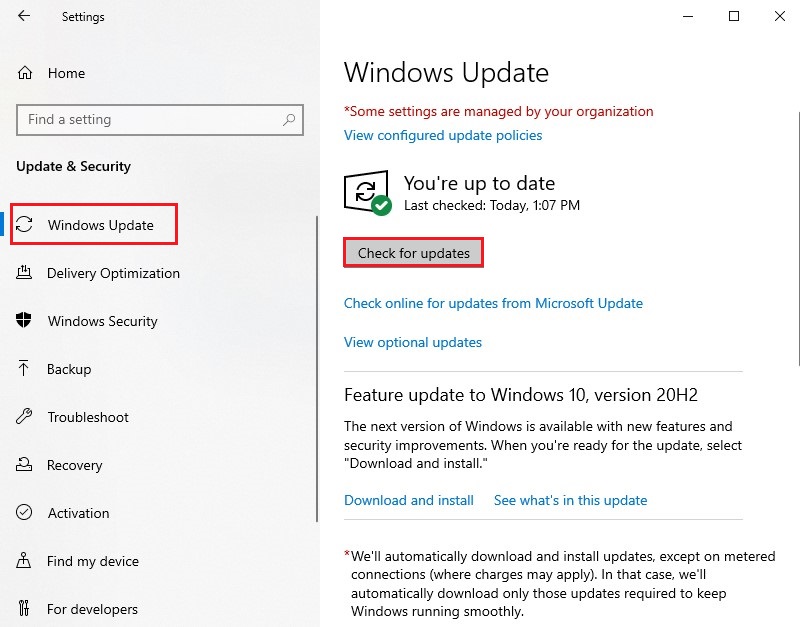 Figure: Check for updates in Windows 10
