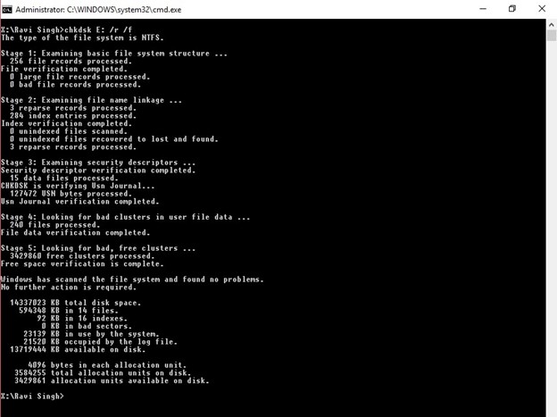 Comandi Chkdsk in CMD window