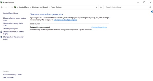 In Control Panel's Power Options, click on Change plan settings