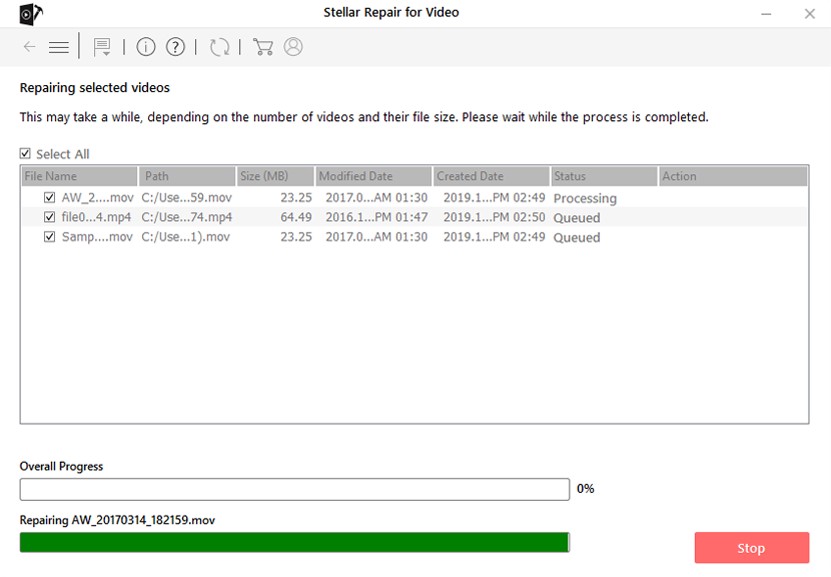 The progress bar indicates how far the repair process has reached