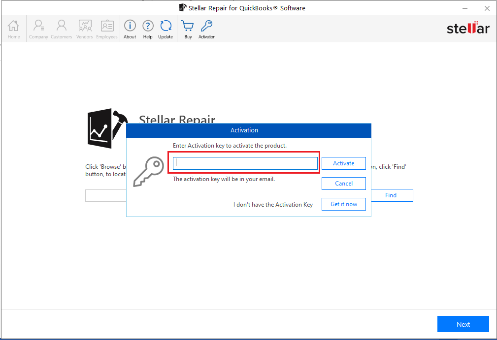 filling of activation key