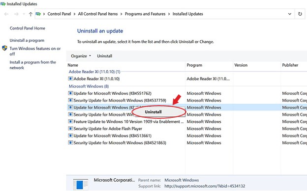 Click Uninstall and Remove Windows Updates