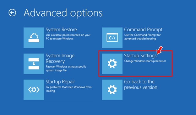 on Troubleshoot screen select Advanced options and then select Startup Settings