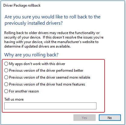 select an option to rollback driver