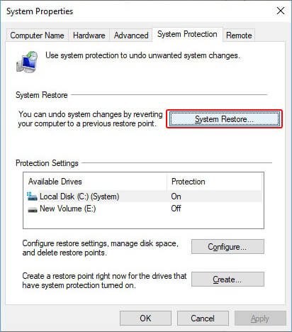 under system protection click system restore