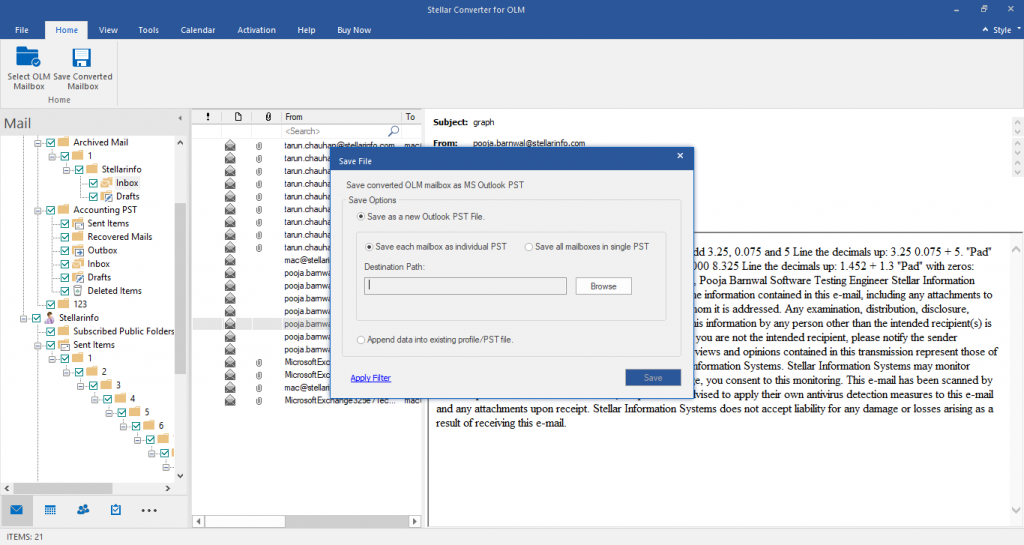 Export OLM data to new or existing PST file