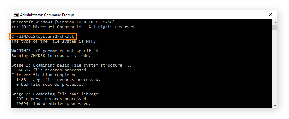 Run CHKDSK on Command Prompt as Administrator