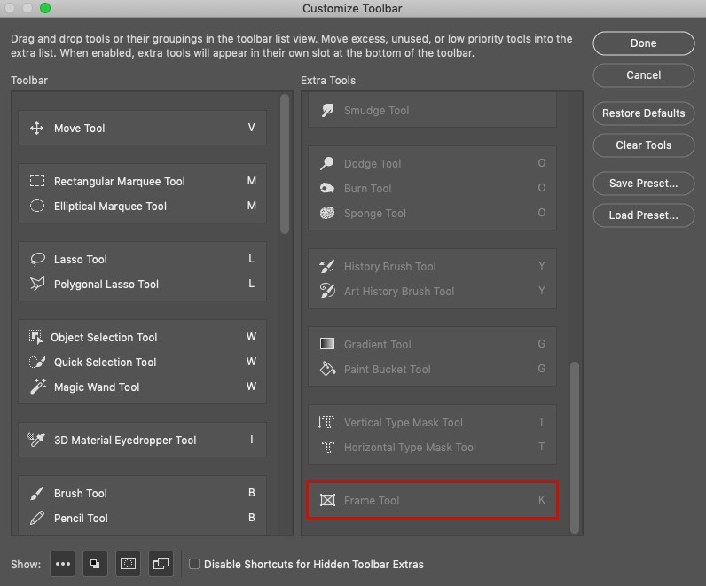 Customize Toolbar dialog box