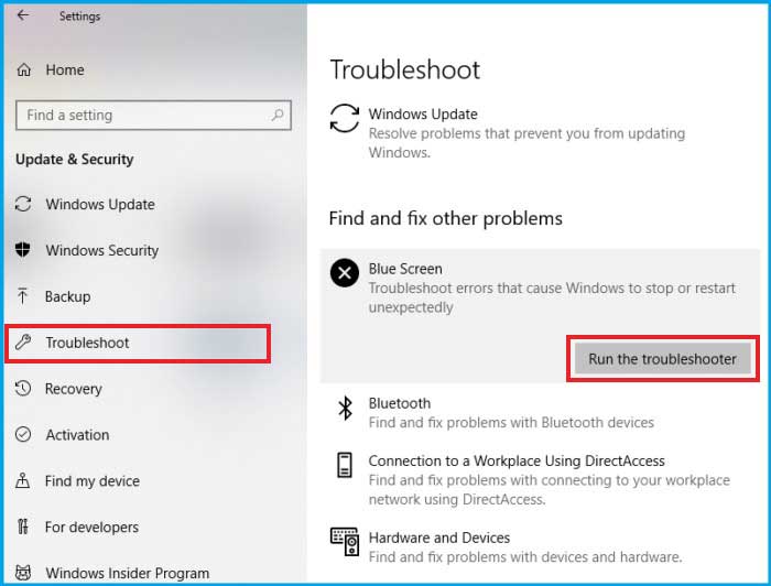 Troubleshoot > Run the Troubleshooter