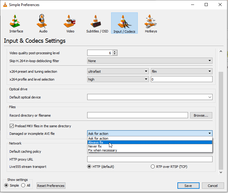 Preferences Always fix VLC Media Player