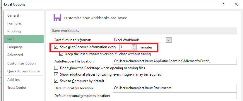 Change excel autosave internal