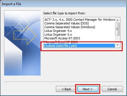 Select outlook data file