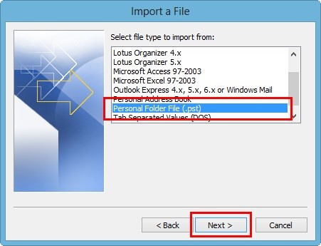 Select personal folder file pst