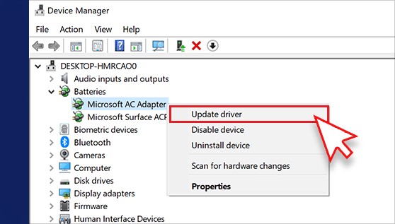 Click on Update the Driver after pressing the right click on Microsoft AC Adapter