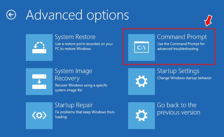 Select Command Prompt from Advance Options