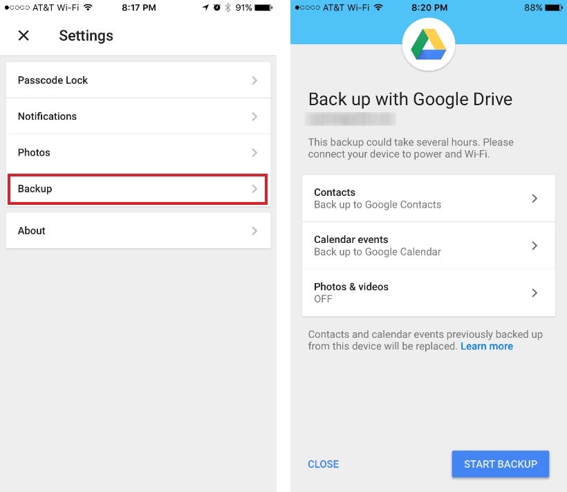 Backup contacts from iPhone to Google Drive