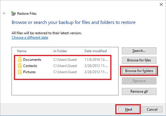 Browse for folders in Windows backup restore