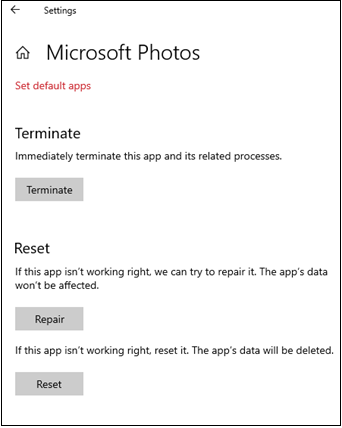 Repair and Reset button in Photos App