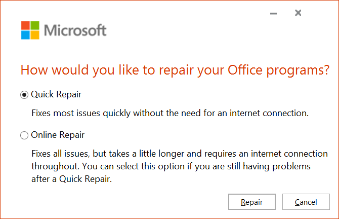 Repair your office programs