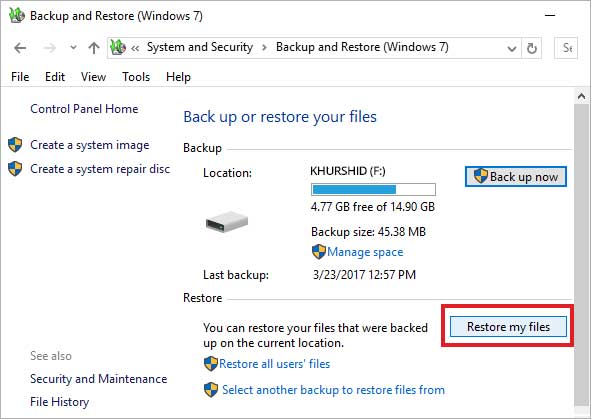 Restore files windows backup feature