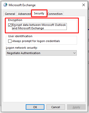 Encrypt data between Outlook and Microsoft Exchange