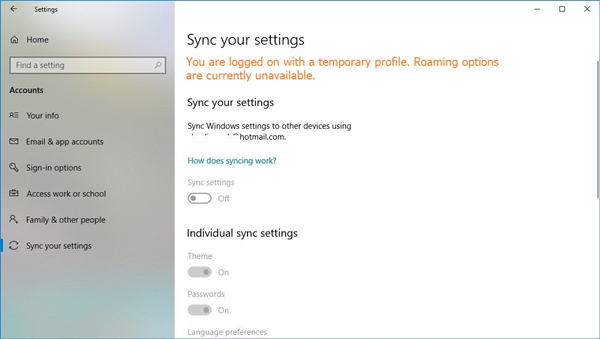 Sync your settings screen in Windows